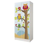 leomark armadio bianco 70 x 42,5 x 161,5 cm alla stanza del bambino, capiente e funzionale armadio in legno con ante, solido appendiabiti, mobili per bambini, Gufi