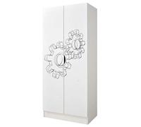 leomark armadio bianco 70 x 42,5 x 161,5 cm alla stanza del bambino, capiente e funzionale armadio in legno con ante, solido appendiabiti, mobili per bambini, Ingranaggi