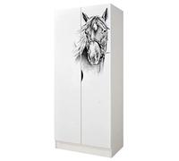 leomark armadio bianco 70 x 42,5 x 161,5 cm alla stanza del bambino, capiente e funzionale armadio in legno con ante, solido appendiabiti, mobili per bambini, Ritratto di un cavallo