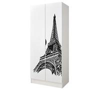 leomark Armadio bianco 70 x 42,5 x 161,5 cm, capiente e funzionale armadio in legno con ante, solido appendiabiti, mobili per bambini, Torre Eiffel