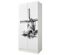 leomark Armadio bianco 70 x 42,5 x 161,5 cm, capiente e funzionale armadio in legno con ante, solido appendiabiti, mobili per bambini, Mulino a vento