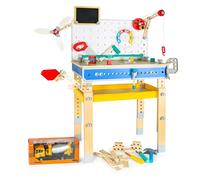 leomark Banco da Lavoro, Set in Legno, Laboratorio di Attrezzi per Bambini con Accessori, Giocattolo per casa Scuola e Asilo- Constructor, A(89) cm Gru Escavatore Ascensore + Autobetoniera-118 Pezzi.