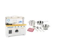 Leomark Cucina in legno Saint-Tropez con set di pentole in metallo piu panno - Set completo per piccoli Chef, Bianco - Blu impara ad preparare primi secondi e dolci Dimensioni: 107 x 106 x 32cm.