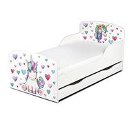 leomark Letto Lettino per bambini in legno, cassetto cassettone e materasso, rete a doghe, magnifiche stampe, dimensioni del materasso 140 x 70 cm, colore bianco con motivo: UNICORNO Cuori Colorati