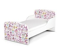 Leomark Letto per bambini in legno, lettino con materasso, magnifiche stampe, spazio per dormire 140x70 cm, mobili per bambini, rete a doghe, atrezzatura stanza per bambino, motivo: DOLCE SOGNI