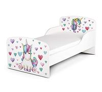 Leomark Letto per bambini in legno, lettino con materasso, magnifiche stampe, spazio per dormire 140x70 cm, mobili per bambini, rete a doghe, atrezzatura stanza per bambino, motivo: UNICORNO