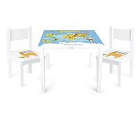 leomark tavolo e 2 sedie in legno per bambini 60x60x49 cm, stabile set per camera dei bambini, sala comune, scuola materna, asilo nido, mobili per bambini, Yeti colore Mappa del mondo