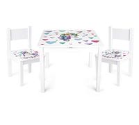 leomark tavolo e 2 sedie in legno per bambini 60x60x49 cm, stabile set per camera dei bambini, sala comune, scuola materna, asilo nido, mobili per bambini, Yeti colore UNICORNO