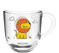 Leonardo Bambini 022898 - Tazza in vetro con motivo animale, lavabile in lavastoviglie, motivo: leone, arancione, giallo, 1 pezzo, 280 ml, 280 ml