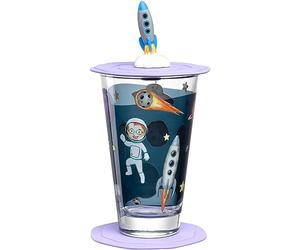 LEONARDO Bambini Avventura 023673 - Bicchiere per bambini con coperchio e sottovaso, in vetro di alta qualità, misura L, contenuto 300 ml, lavabile in lavastoviglie, set da 3 pezzi con motivo universo