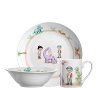 LEONARDO Bambini Avventura - Set di 3 stoviglie per bambini, in porcellana, lavabili in lavastoviglie, adatti al microonde, robusti, set da 3 ciotole, tazza e piatti con motivo "Dino"