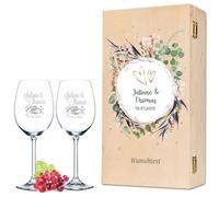 Leonardo - Bicchieri da vino, motivo floreale, per matrimonio, fidanzamento o anniversario, con scatola di legno stampata in stile vintage, personalizzabile con incisione