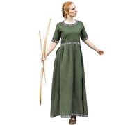 Leonardo Carbone Abito da donna Ennlin, design con bordo, allacciatura sul retro, carnevale, Halloween, cosplay, LARP, medievale, vichinghi, costume, linea ad A, 100% cotone, verde, L