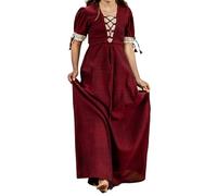Leonardo Carbone Abito da Donna Medievale LYSA Manica Corta con Lacci Rosso Cotone Beige - L