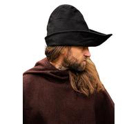 Leonardo Carbone® Cappello da uomo Robin Hood, con bordo asimmetrico, stile medievale, carnevale, Halloween, cosplay, LARP, cappello, accessorio, lana nera, taglia unica