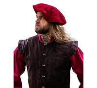 Leonardo Carbone® Copricapo da uomo in velluto, fascia integrata, arricciature posteriori, carnevale, Halloween, cosplay, LARP, medievale, berretto, cappello, cotone, 100% cotone, rosso, XL
