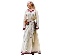 Leonardo Carbone® Vestito da donna Lagertha | ricamo a mano | scollo a V | Carnevale, Halloween, cosplay, LARP, vichinghi, medievale, costume, abito da festa | 100% cotone, naturale/rosso, M