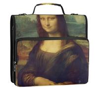 Leonardo da Vinci Mona Lisa La Gioconda, raccoglitore a 3 anelli da 3,8 cm con cerniera ad anello a D, con tracolla, per la scuola, rosa, multi tasche, grande cartella portadocumenti