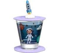 LEONARDO HOME Bambini Avventura 023674 - Bicchiere per bambini con coperchio e sottobicchiere, motivo in vetro di alta qualità, misura S, contenuto 215 ml, set da 3 pezzi con motivo Weltall