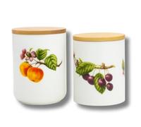 LEONARDO LUXURY HOME DESIGN Set 2 Barattoli Ermetici Fruit Porcellana Coperchio Legno Diverse Dimensioni Conservazione Alimenti Frigorifero Dispensa Idea Regalo (2 Fruit)