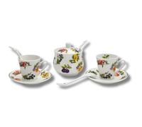 LEONARDO LUXURY HOME DESIGN Set 2 Tazzine Caffè con Piattini Zuccheriera e Cucchiaini Porcellana Decorata Frutta Elegante Tavola Idea Regalo (2TazzeFrutta+Zuccheriera)
