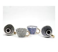 LEONARDO LUXURY HOME DESIGN Set 4 Pezzi Tazze da Latte Porcellana 400 ml con Forma Irregolare Dipinte a Mano con Manici Dorati Raffinate Eleganti (Blu e Nero)