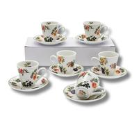 LEONARDO LUXURY HOME DESIGN Set 6 Tazzine Caffè con Piattini Porcellana Decoro Frutta Servizio Espresso Elegante Idea Regalo (6TazzeFrutta+Piattini)
