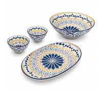LEONARDO LUXURY HOME DESIGN Set Ramen 4 Pezzi Porcellana Decorata Ciotola Ramen 20 cm+2 Ciotoline 9 cm+Piatto Ovale 24 x 16 cm Servizio Sushi Antipasti Cucina Asiatica (Bianco/Blu)