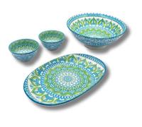 LEONARDO LUXURY HOME DESIGN Set Ramen 4 Pezzi Porcellana Decorata Ciotola Ramen 20 cm+2 Ciotoline 9 cm+Piatto Ovale 24 x 16 cm Servizio Sushi Antipasti Cucina Asiatica (Verde/Celeste)