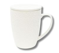 LEONARDO LUXURY HOME DESIGN Tisaniera Tazza Mug 400 ml Porcellana Bianca con Filtro Coperchio Termica Decoro in Rilievo Tisane Infusi Erbe Elegante Idea Regalo (1)