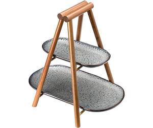 Leonardo Matera 022854 - Alzata piccola a 2 piani in ceramica e legno, piatto quadrato per preparare apero, snack, formaggio, ecc. 33,6 x 8,2 x 24,5 cm (larghezza x altezza x profondità) - antracite