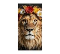 Leone africano che indossa un fiore sulla sua testa, copertura per porta estiva grandi striscioni da appendere per porta di benvenuto copertura sfondo banner per porta d'ingresso festa primavera