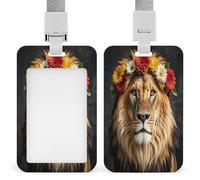 Leone africano che indossa un fiore sulla sua testa porta badge trasparente protezioni per badge con cordino staccabile Custodia verticale in plastica rigida protegge carte d'identità di lavoro carte