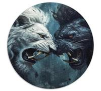 Leone Bianco e Pantera Nera Duello Puzzle 1000 Pezzi Rotondo Carta Puzzle per Adulti Arte Animale