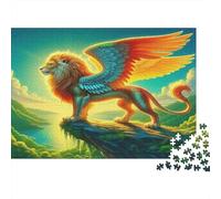 Leone - Carta resistente - Leone alato con ali arancioni sulla scogliera - Puzzle - Arredamento casa da collezione - 38x26cm/1000 pezzi