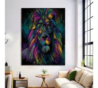 Leone Con Gli Occhiali Dipinto Su Tela, Arte Murale Ritratto Di Animale Ad Acquerello Verticale Camera Da Letto, Stampe Decor Da Parete 50×70 cm Unframe Wall Art Home Ufficio Decorazione, Multicolore