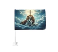 Leone e agnelli con croce tra le nuvole, clip per finestrino per bandiere per auto, protezione solare, decorazione, striscione bifacciale da 12 x 18 pollici per camion