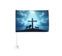 Leone e agnello con croce sotto la luce del sole, clip per finestra per bandiere per auto, protezione solare, decorazione, striscione bifacciale da 12 x 18 pollici per camion