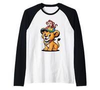 Leone e Scimmia Amici - Design Cartoon Animali della Giungla Maglia con Maniche Raglan