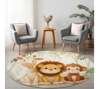 Leone Giraffa Scimmia Dei Cartoni Animati Tappeto stampato rotondo Crema, 180 cm Morbida Microfibra Tappetini Antiscivolo Tappeto per Bambini Cameretta Cucina Casa Zona Balcone Tappet Tavolino