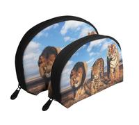 Leone, leopardo e tigre combattono per il cibo stampato, Borsa per trucco a conchiglia Portamonete da donna Borsa da toilette piccola Borsa per cosmetici 2 pezzi