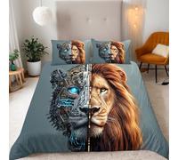 Leone Meccanico Naturale Copripiumino Una Piazza e Mezza 200x200 (2 Federa 50x80) Fusione Meccanica Biologica Set Copripiumino 3D Microfibra Ultra Angoli Fissi Cerniera Morbido Leggero Facile Lavare
