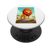 Leone stile comico, enorme criniera infuocata, posa maestosa sulla roccia PopSockets PopGrip Adesivo