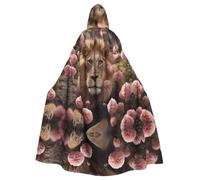 Leone tra fiori rosaHalloween stampato mantello con cappuccio adulto partito accappatoio mascherata e gioco di ruolo. Mantello mago di carnevale