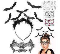 Leonshco 14 pezzi accessori per costume di Halloween con piume pipistrello Halloween cerchietto per capelli veneziano Masquerade Adesivi temporanei per tatuaggi vampiri Cerchietti per capelli