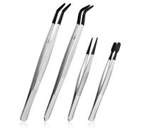 LEONTOOL Set di 4 pinzette con punte in gomma, dritte e piatte, lunghe e piegate, rivestite in gomma, antiscivolo, per timbri, adesivi, gioielli, perline, artigianato, elettronica industriale, acciaio
