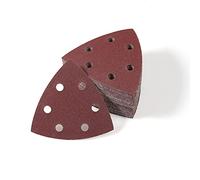 LEONTOOL Set di 50 cuscinetti abrasivi triangolari da 8,9 cm, dischi abrasivi a 6 fori, grana 150, fogli abrasivi per legno e metallo