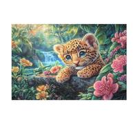 Leopard Cub on Mossy Rock with Waterfall Puzzle 1000 Pezzi Pressione Ridotta Adulti Rompicapo Rilassante Giochi Da Tavolo Indoor Idea Regalo Natale Per Padre E Nonno 1000 PCS