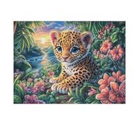 Leopard Cub on Rock with Tropical Flowers Puzzle 500 Pezzi Pressione Ridotta Adulti Rompicapo Rilassante Giochi Da Tavolo Indoor Idea Regalo Natale Per Padre E Nonno 500 PCS