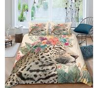 Leopard with flowersSet Di Copripiumino ultra Set di 3 Pezzi stampa di 3D cerniera nascosta Botanical animal copripiumino con federe soffice for bambini adulti ragazzi Super king（260x220cm）